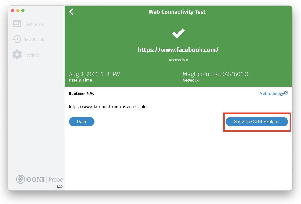 Show in OONI Explorer button